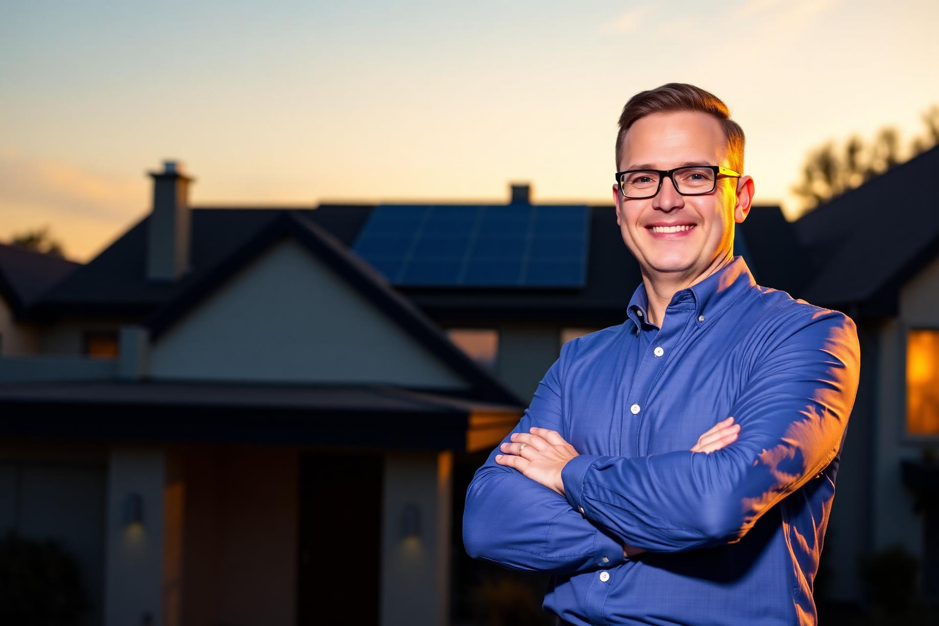 Action Solar sales professional outside a home with rooftop solar